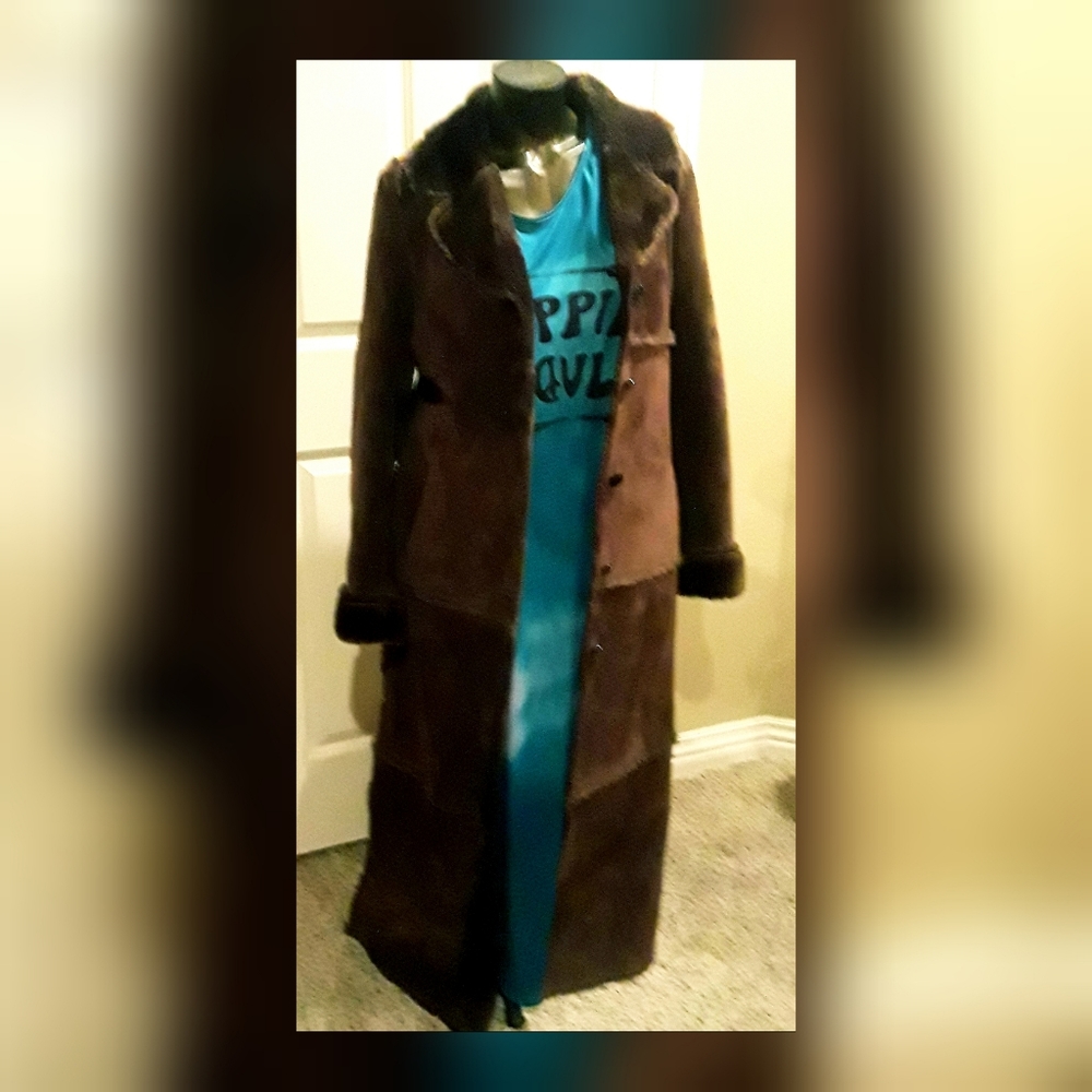 Deep brown leather suede fur maxi coat